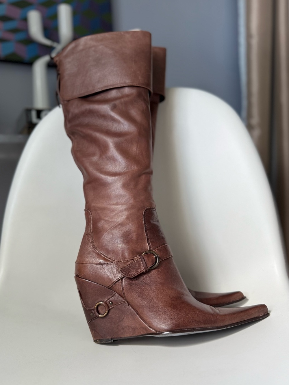 Type Z Brown Leather Wedge Knee Boots